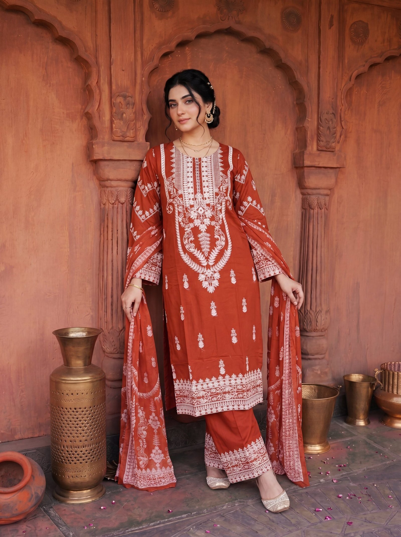 Clothes By Pap Rust Orange Embroidered 3-Piece Lawn Suit with Printed Dupatta