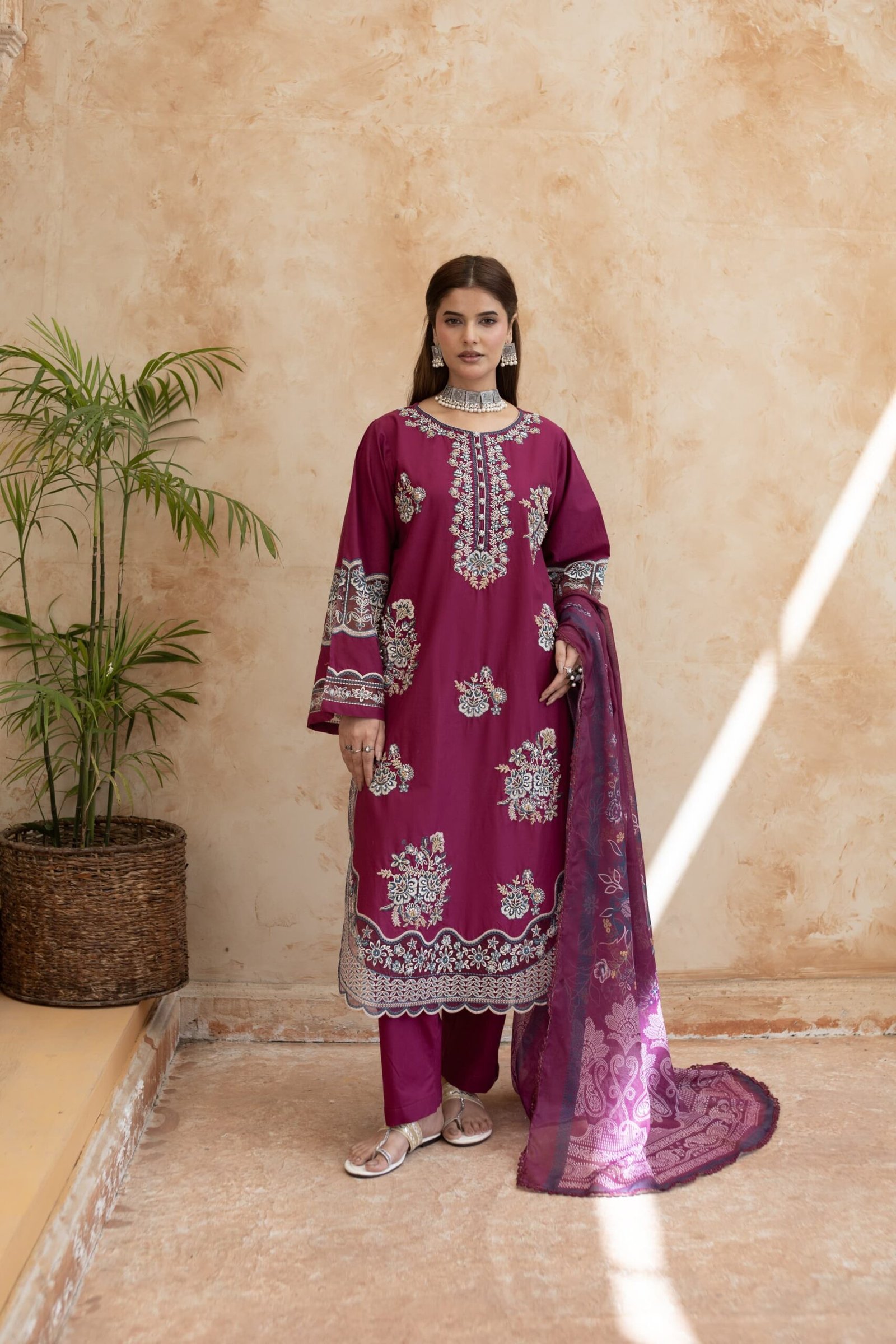 Magenta Embroidered 3-Piece Lawn Suit with Printed Dupatta